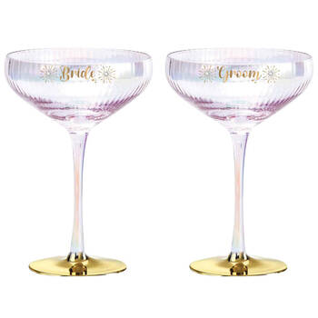 2pc LMD Holographic Bride & Groom 280ml Stemmed Coupe Glass Set