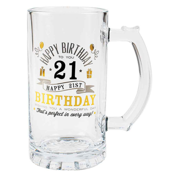 Tankard Beer Stein Glass Happy 21st Birthday To You Gold/Silver Foil Print 470ml