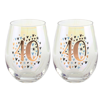 2PK Rainbow 40th Pastel/Gold Stemless Wine Glass 600ml Drinking Cup
