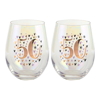 2PK Rainbow 50th Pastel/Gold Stemless Wine Glass 600ml Drinking Cup