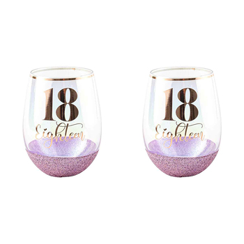 2x 18th Glitter Stemless Purple 600 ml Drinking Cups Novelty Print