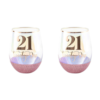 2x 21st Glitter Stemless Pink 600 ml Drinking Cups Novelty Print