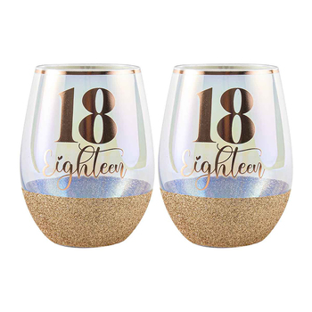 2PK Glitter 18th Stemless Wine Glass Pink 600ml Drinking Cup