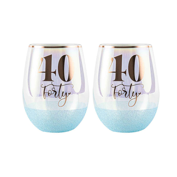 2PK Glitter 40th Stemless Wine Glass Blue 600ml Drinking Cup