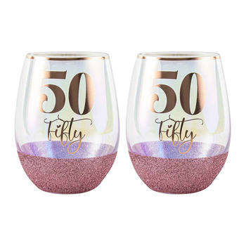 2PK Glitter 50th Stemless Wine Glass Pink 600ml Drinking Cup