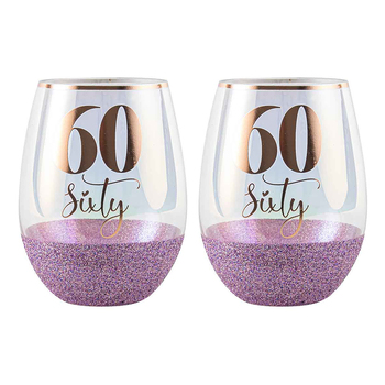 2PK Glitter 60th Stemless Wine Glass Purple 600ml Drinking Cup