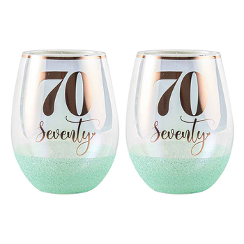 2PK Glitter 70th Stemless Wine Glass Green 600ml Drinking Cup