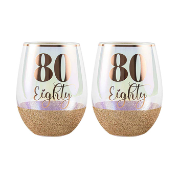2PK Glitter 80th Stemless Wine Glass Pink 600ml Drinking Cup