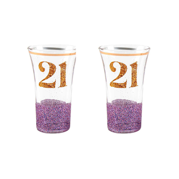 2x 21st Glitterati Shot Glass Purple 9cm Drinking Cups Novelty Print
