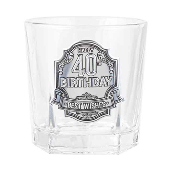 40th Badge Whisky Drinking Glass Birthday Gift Clear 260ml
