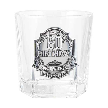 60th Badge Whisky Drinking Glass Birthday Gift Clear 260ml