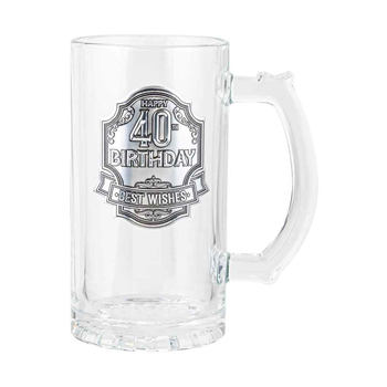 40th Badge Beer/Cider Glass Drinking Stein Birthday Gift Clear 450ml
