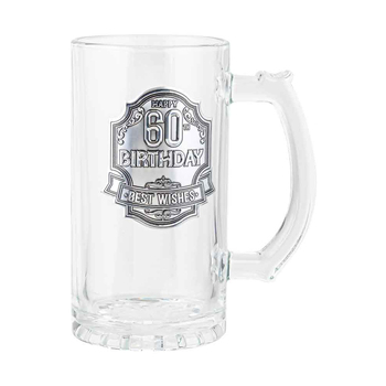 60th Badge Beer/Cider Glass Drinking Stein Birthday Gift Clear 450ml