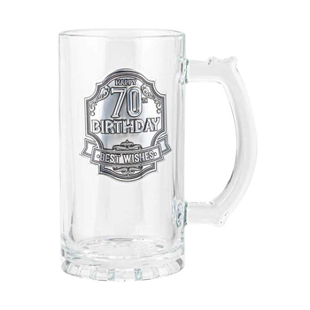 70th Badge Beer/Cider Glass Drinking Stein Birthday Gift Clear 450ml