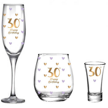 3pc LMD 30th Birthday Champagne Glass/Stemless/Shot Glasses Set - Clear