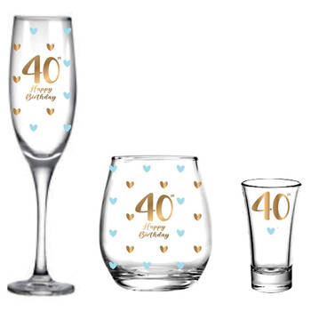 3pc LMD 40th Birthday Champagne Glass/Stemless/Shot Glasses Set - Clear