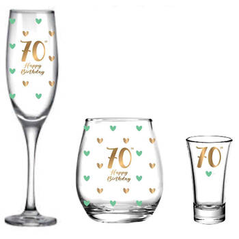 3pc LMD 70th Birthday Champagne Glass/Stemless/Shot Glasses Set - Clear