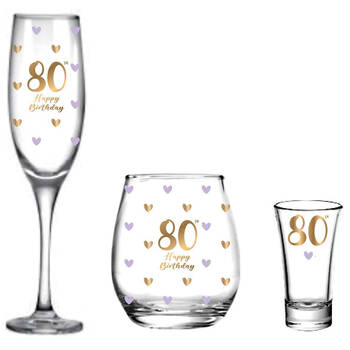 3pc LMD 80th Birthday Champagne Glass/Stemless/Shot Glasses Set - Clear