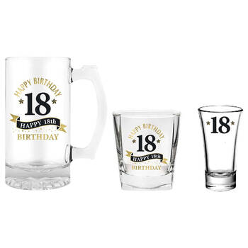 3pc LMD 18th Birthday Beer Stein/Whisky/Shot Glasses Set - Clear