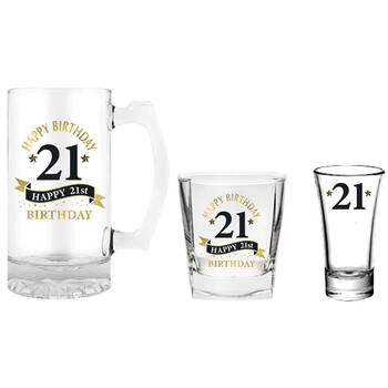 3pc LMD 21st Birthday Stein/Whisky/Shot Drinkware Glasses Set - Clear