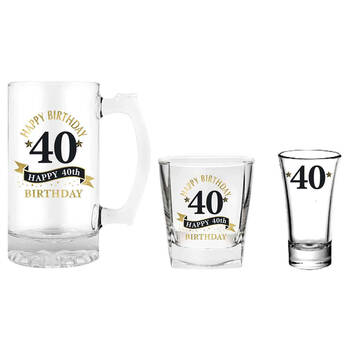 3pc LMD 40th Birthday Stein/Whisky/Shot Drinkware Glasses Set - Clear