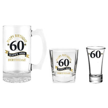 3pc LMD 60th Birthday Stein/Whisky/Shot Drinkware Glasses Set - Clear
