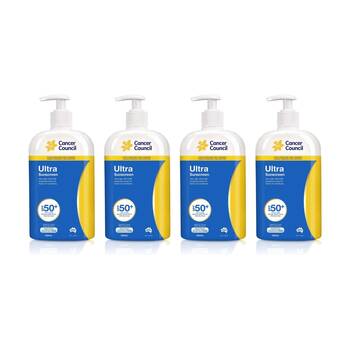 4x Cancer Council Ultra Sunscreen UV SPF50+ Water Resistant Sun Protection 500ml