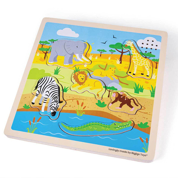 6pc Bigjigs Toys 22cm Safari Sound Puzzle Kids Wooden Toy 12m+