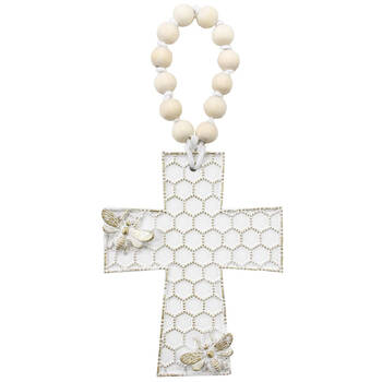 LVD Resin Cross Bee Honeycomb Decoration 11.8x1.5x14.5cm Off-White