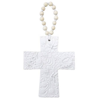 LVD Resin Hanging Cross Large Embossed Decoration 18x2.3x22.5cm White