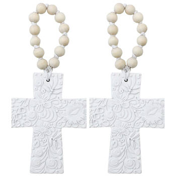 2PK LVD Resin Hanging Cross Embossed Decoration 11.5x.08x14.5cm Off-White