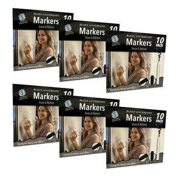 6x 10PK Scribbles Stationery Black Whiteboard Markers Thin Tip w/Magnetic Lid