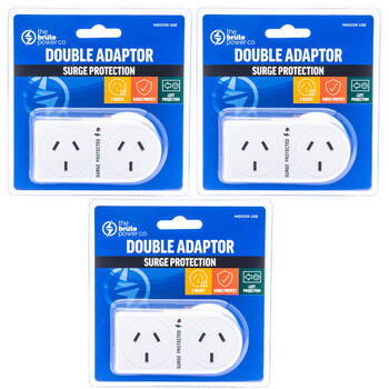 3PK The Brute Power Co Flat Left Surge Protection Double Adapter - White