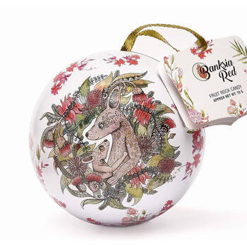 Banksia Red Kangaroo/Koala Christmas Bauble Tins w/Fruit Rock Candy 70g Assorted