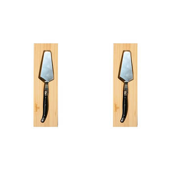 2PK Laguiole Elite Cake Server Stainless Steel w/Pine Wood Tray Black Handle