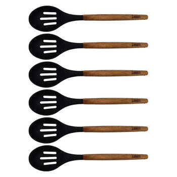 6PK St. Clare Black Silicone Slotted Spoon w/Acacia Handle Kitchen Utensil 35cm