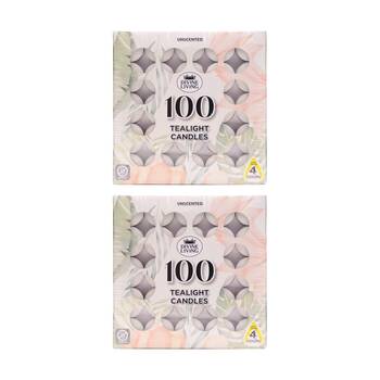 2x 100pc Divine Living Unscented Tealights Candles 4 Hours Burn Time 18.8x18.8cm