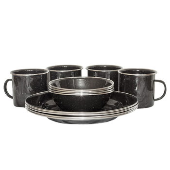 12pc Wildtrak Premium Enamel Camping Dinner Set Black