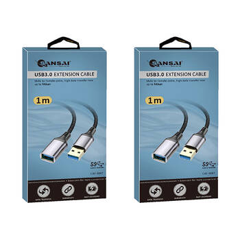 2PK Sansai Heavy-Duty USB 3.0 Extension Cable USB-A Male to Female 1m Black/Grey