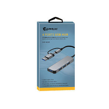 Sansai 4 Port USB Hub for Laptop 1x USB-A/C to 3x USB-A 2.0/1x 3.0 Grey