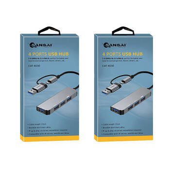 2PK Sansai 4 Port USB Hub for Laptop 1x USB-A/C to 3x USB-A 2.0/1x 3.0 Grey