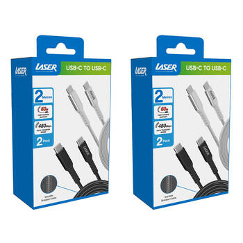 2x 2pc Laser 2m USB-C to C 60W Charging Cable for Samsung/iPhone 16 Black/Silver
