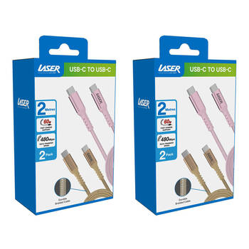 2x 2pc Laser 2m USB-C to C 60W Charging Cable for Samsung & iPhone 16 Gold/Pink
