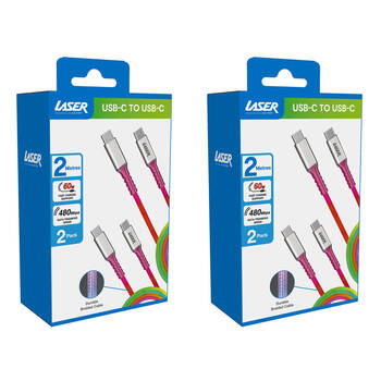 2x 2pc Laser 2m USB-C to C Braided Charging Cable for Samsung/iPhone 16 Rainbow