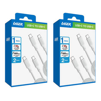 2x 2pc Laser 1m USB-C to C 60W Fast Charging Cable for Samsung & iPhone 16 White