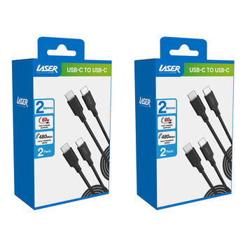2x 2pc Laser 2m USB-C to C 60W Charging Cable for Samsung & iPhone 16 Black