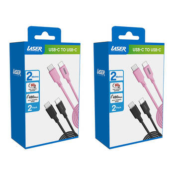 2x 2pc Laser 2m USB-C to C 60W Charging Cable for Samsung/iPhone 16 Black/Purple
