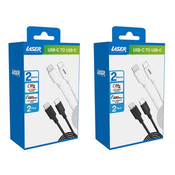 2x 2pc Laser 2m USB-C to C 60W Charging Cable for Samsung/iPhone 16 Black/White