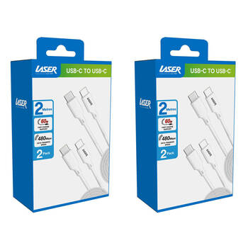 2x 2pc Laser 2m USB-C to C 60W Charging Cable for Samsung & iPhone 16 White