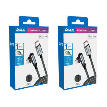 2PK Laser 1m Right Angle 8-Pin to USB-C 18W Braided Charging Cable for Apple